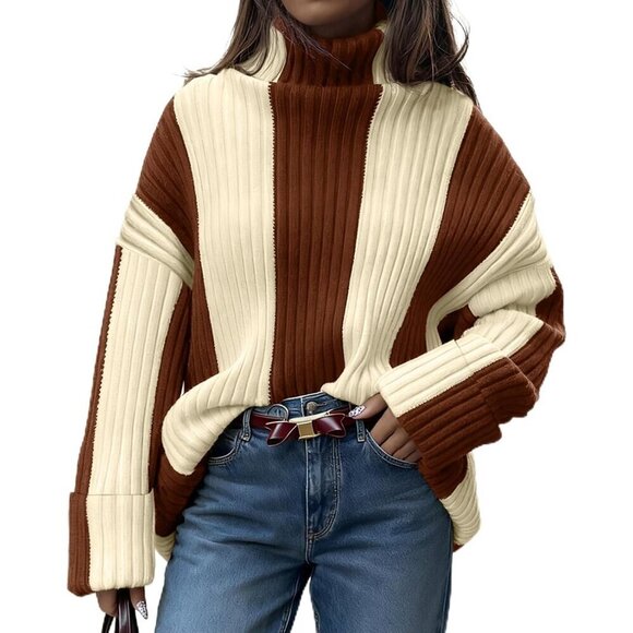 Sweaters - Women’s Color Block Turtleneck Sweater Oversized Casual Fall Dress